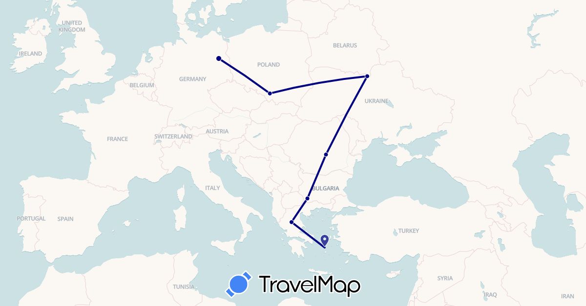 TravelMap itinerary: driving in Bulgaria, Germany, Greece, Poland, Romania, Ukraine (Europe)